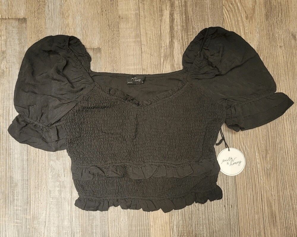 Milk & Honey Brown Black Peasant Smocked Crop Top M NWT